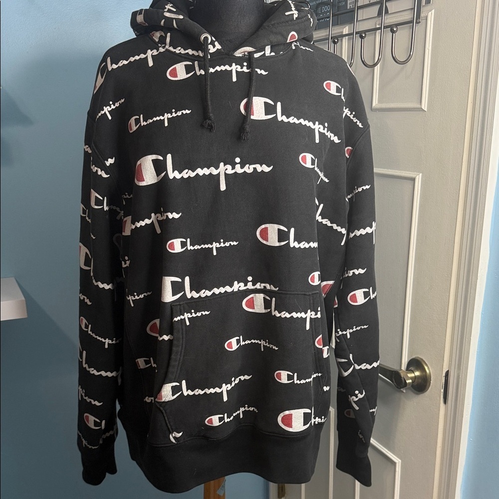 Vintage Reverse Weave Champion All Over Logo Black Hoodie Size X-Large